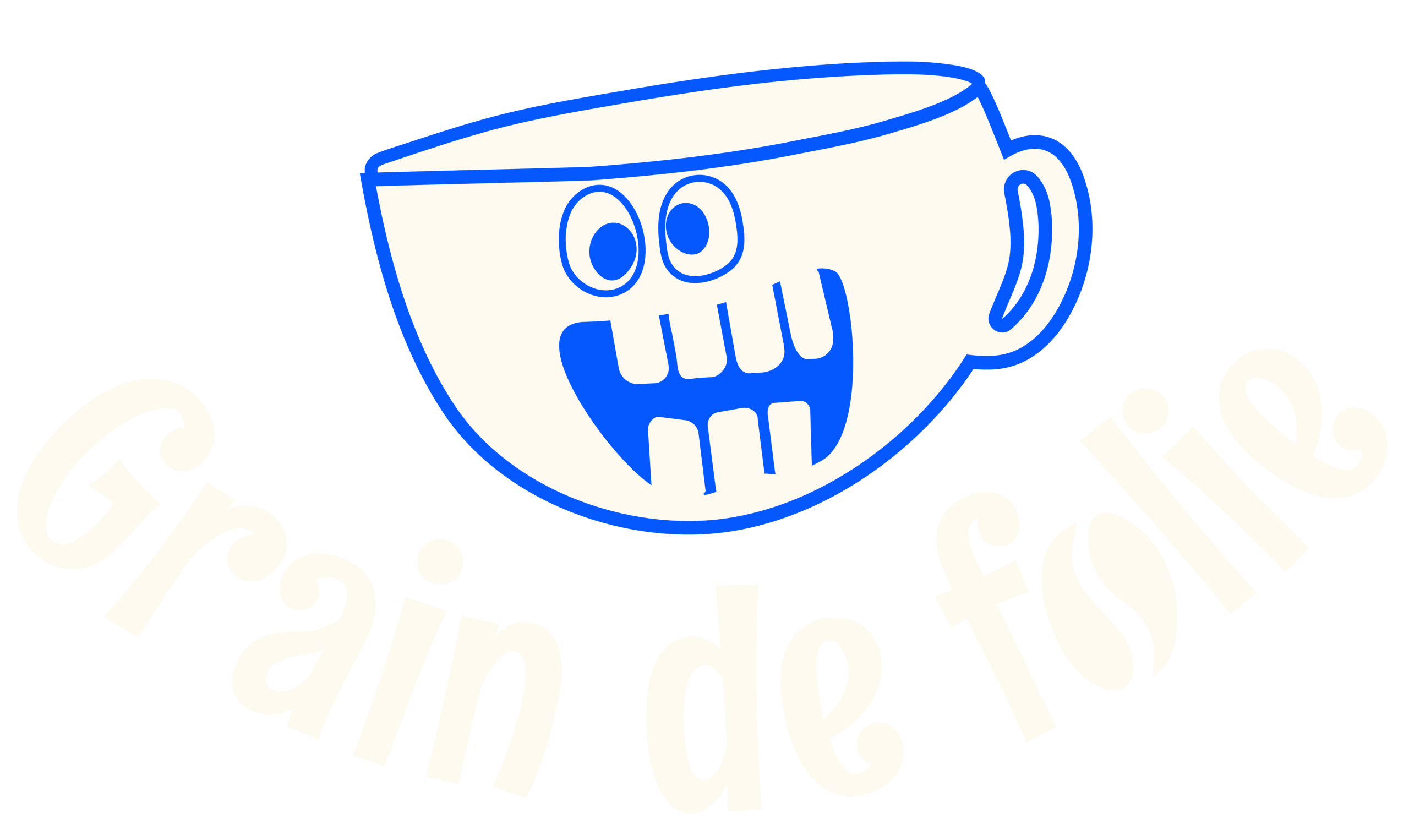 Logo mascotte tasse bleu clair avec inscription "Grain de folie" en fond flou